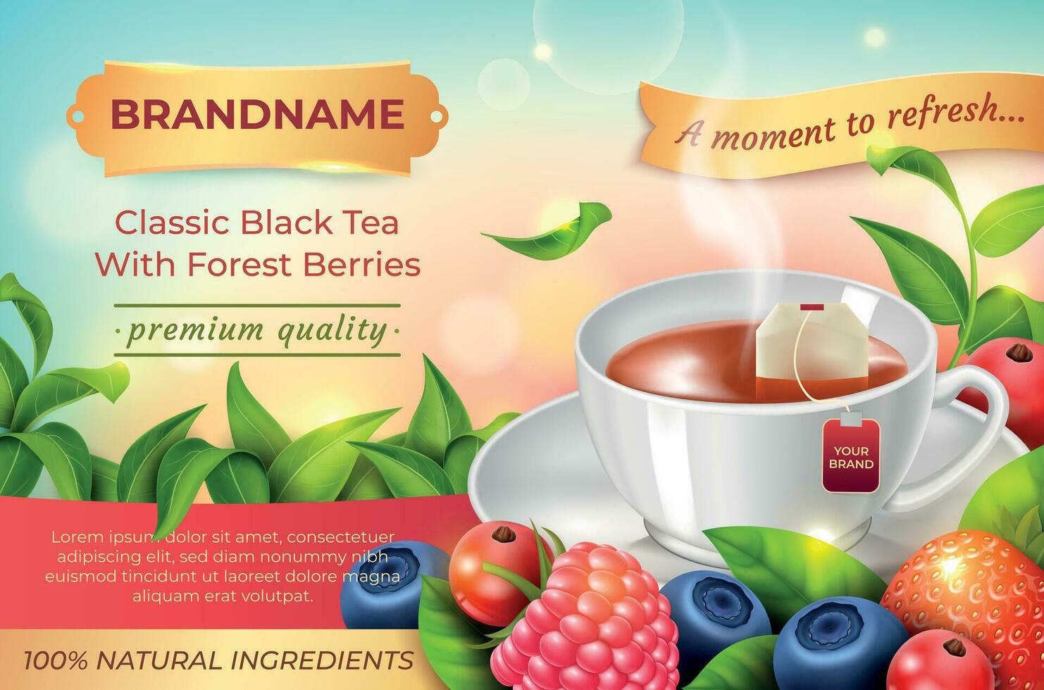 Realistic Detailed 3d Classic Black Tea with Forest Berries Ads Banner Concept Poster Card. Vector