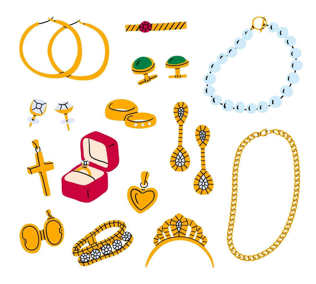 Cartoon Color Golden Precious Jewelry Icon Set. Vector