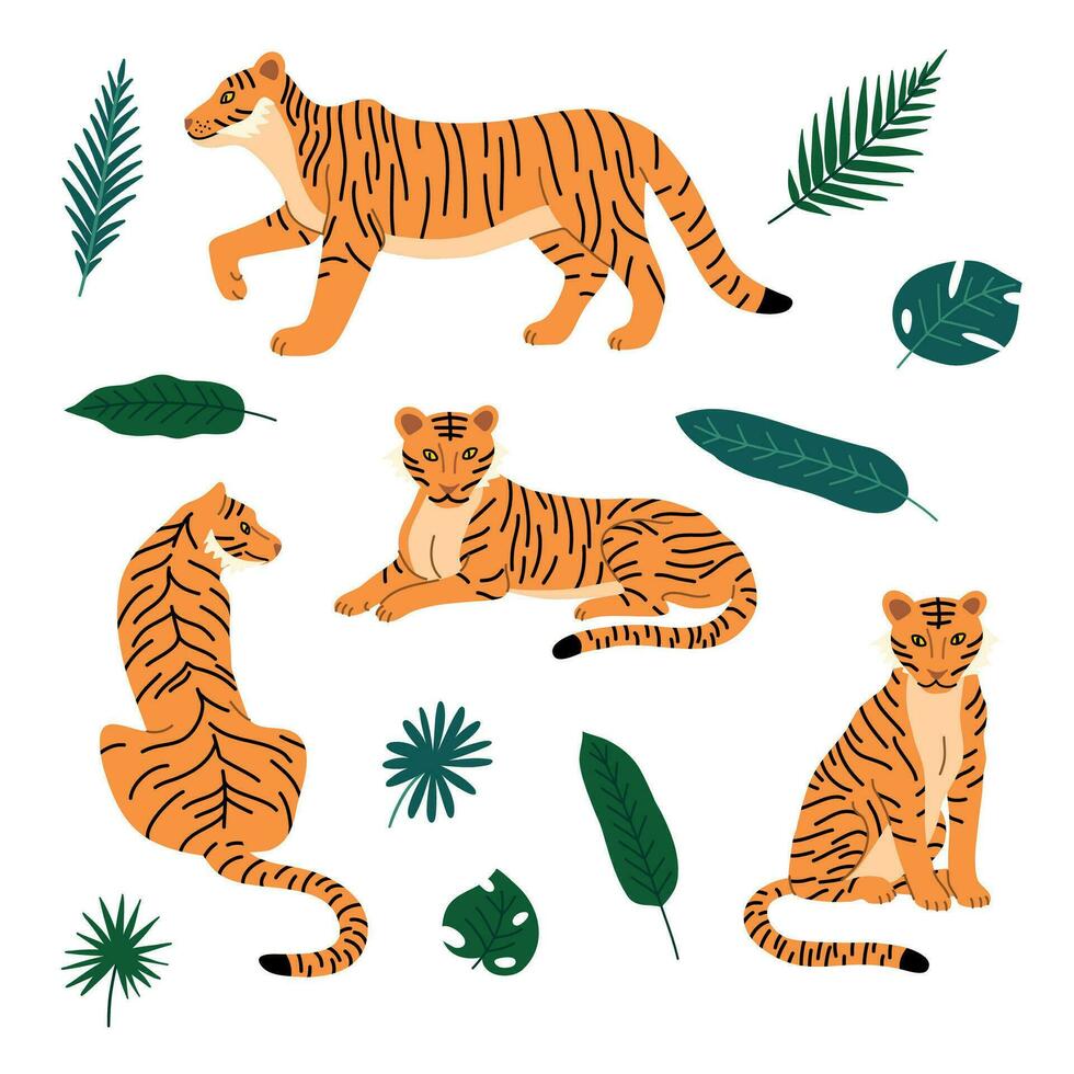 Cartoon Color Characters Tigers with Tropical Leaves Set. Vector