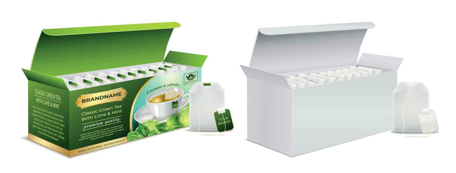 realista detallado 3d clásico verde té con Lima y menta y burlarse de arriba paquete concepto. vector