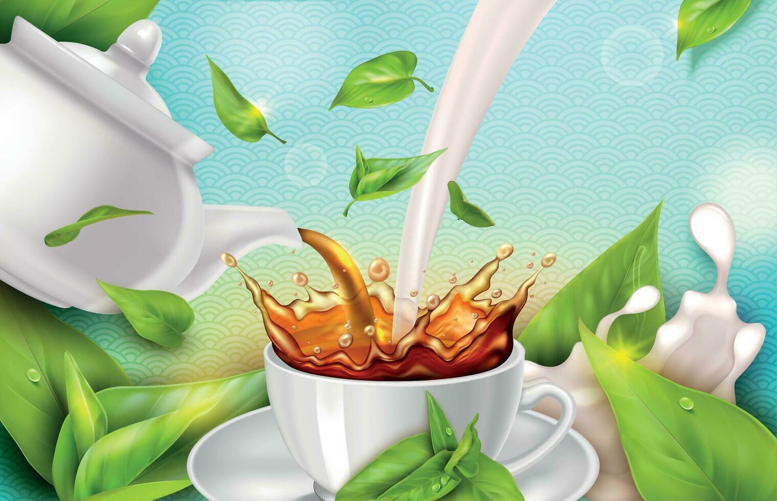 Realistic Detailed 3d Black Tea with Fresh Milk Concept Background. Vector