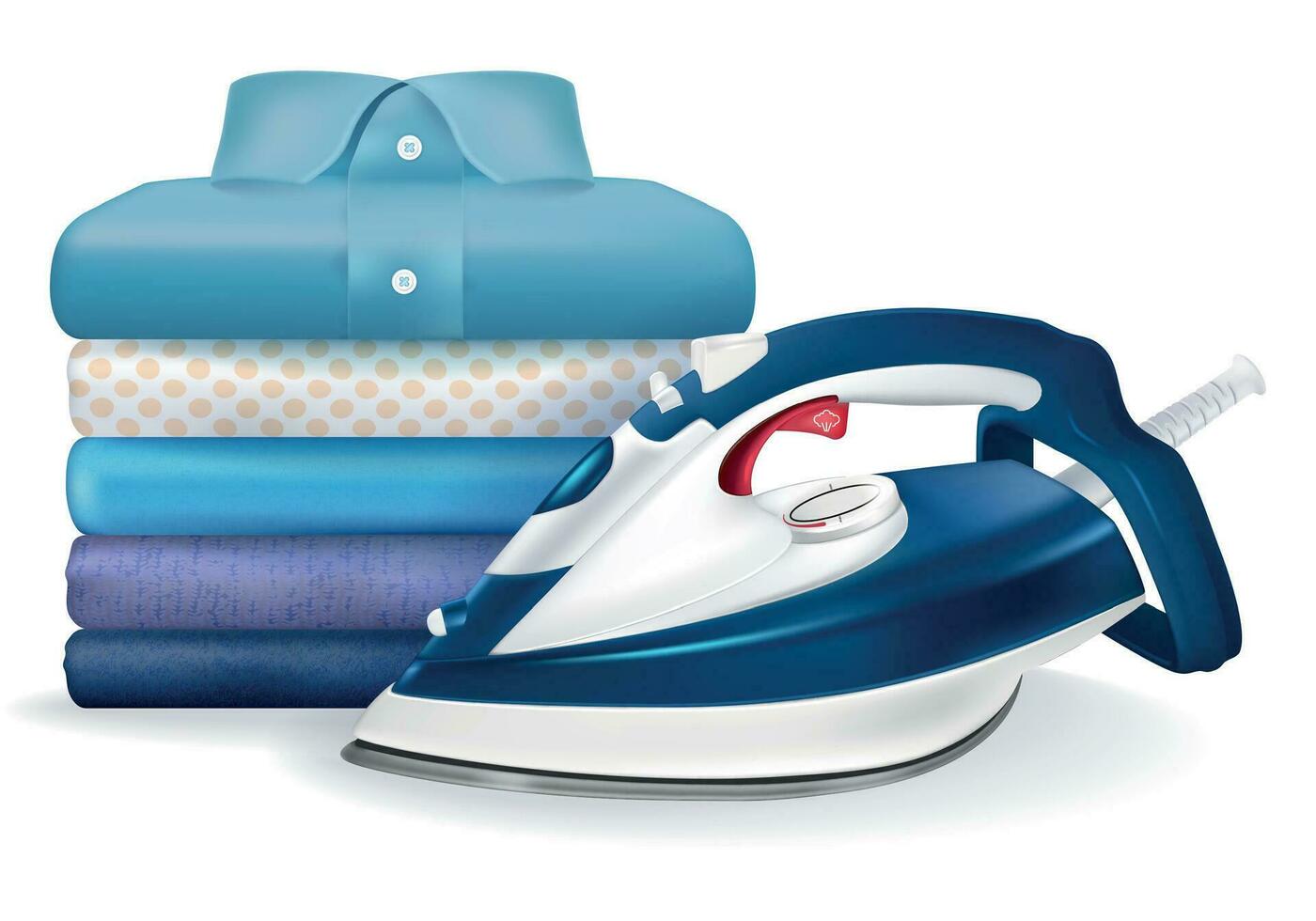 Realistic Detailed 3d Iron and Stack of Ironed Clothes. Vector