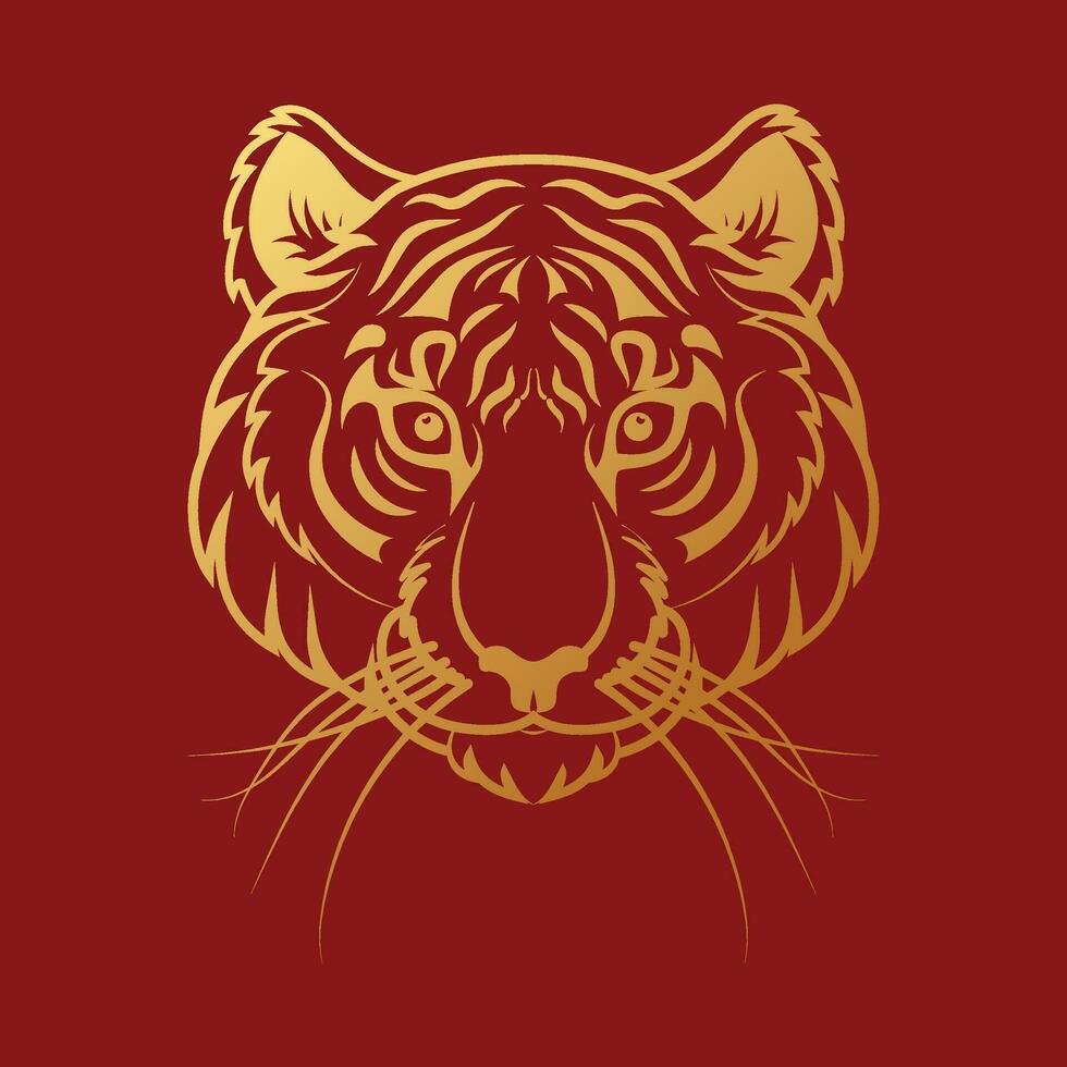 Golden Tiger Head on a Red Background. Vector