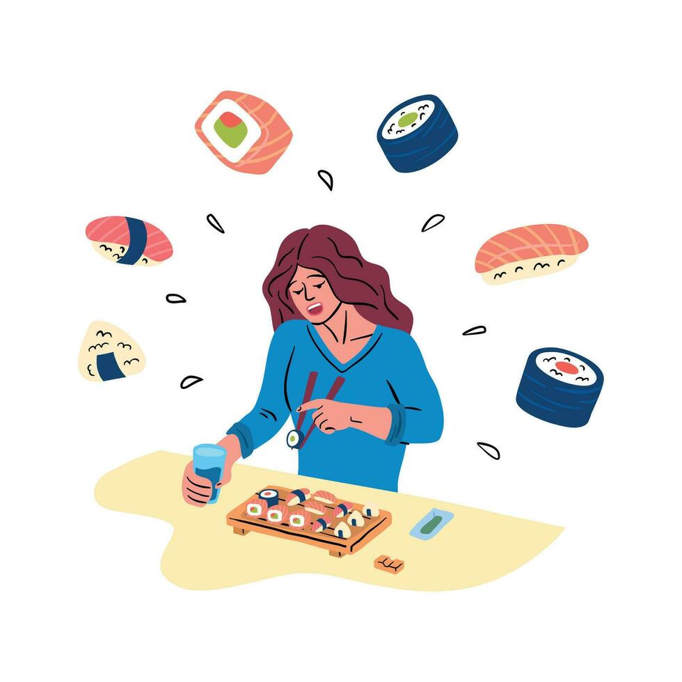 Cartoon Color Character Woman Eating Sushi Concept. Vector