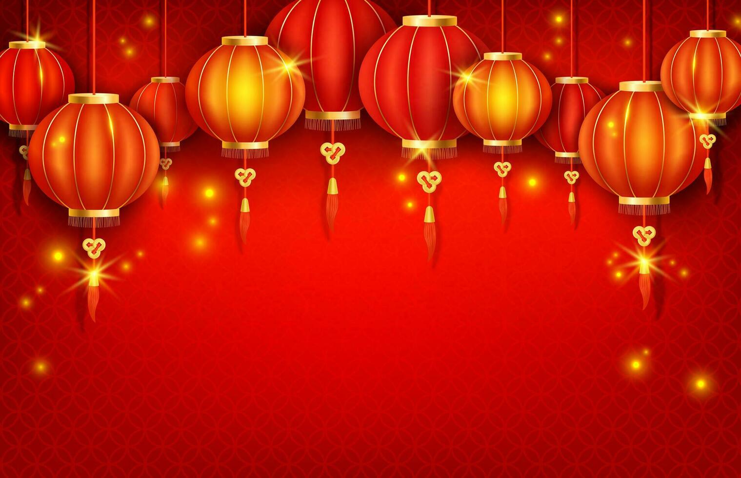 Realistic Detailed 3d Chinese Lanterns on a Red Background. Vector