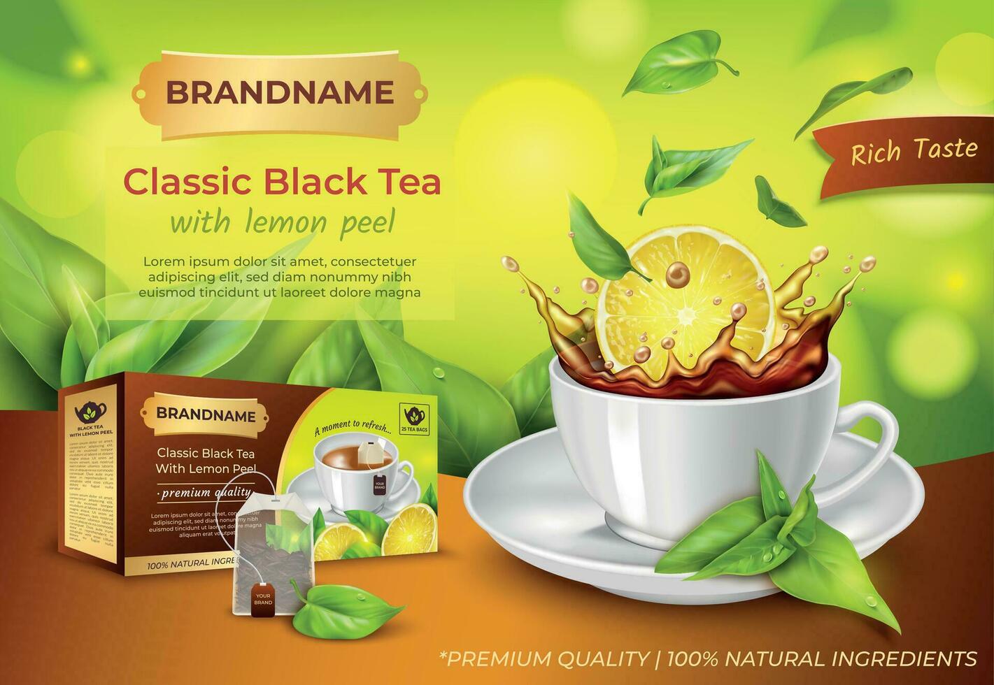 realista detallado 3d clásico negro té con limón pelar anuncios bandera concepto póster tarjeta. vector