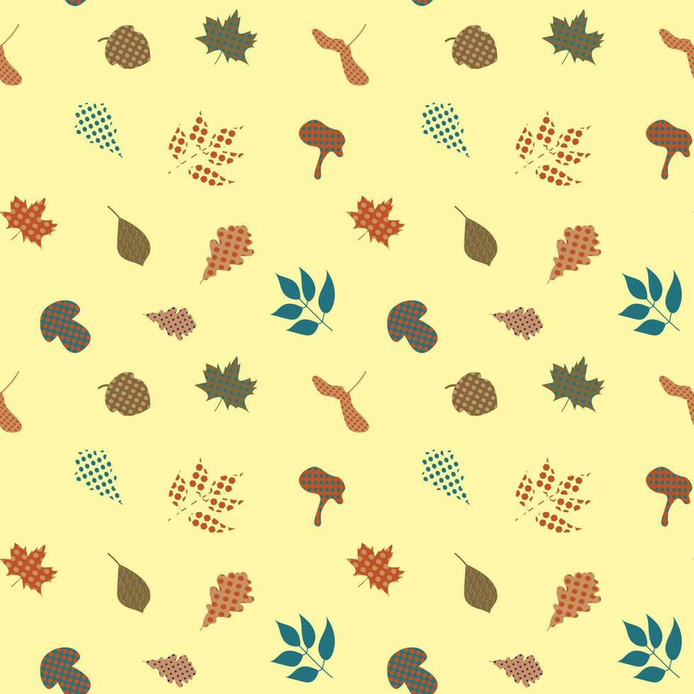 Autumn pattern, leaves, mushrooms, acorn. vector