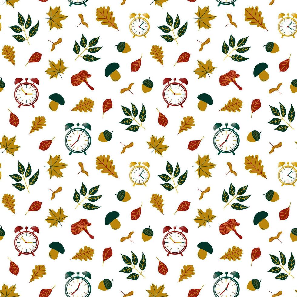 Pattern fall, leaves, mushrooms, clock, time. vector
