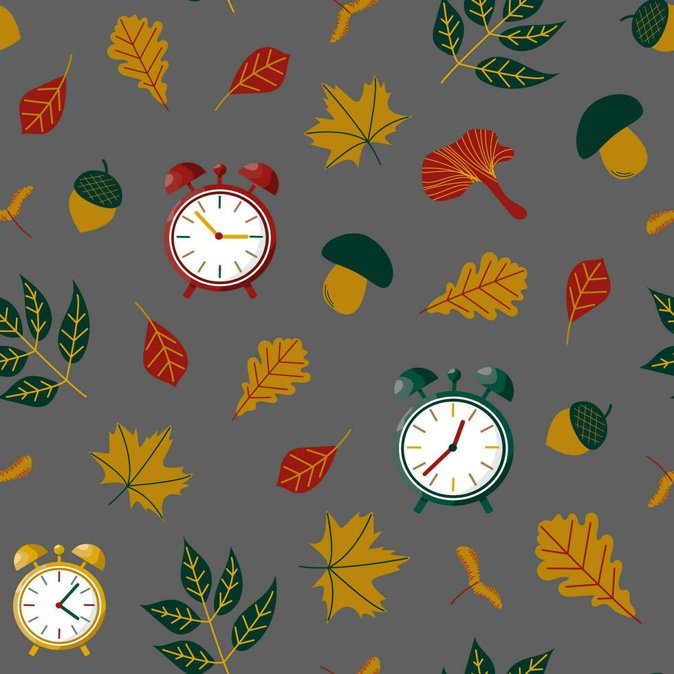 Pattern fall, leaves, mushrooms, clock, time. vector