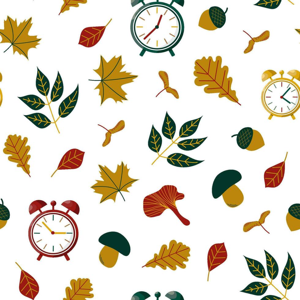 Pattern fall, leaves, mushrooms, clock, time. vector