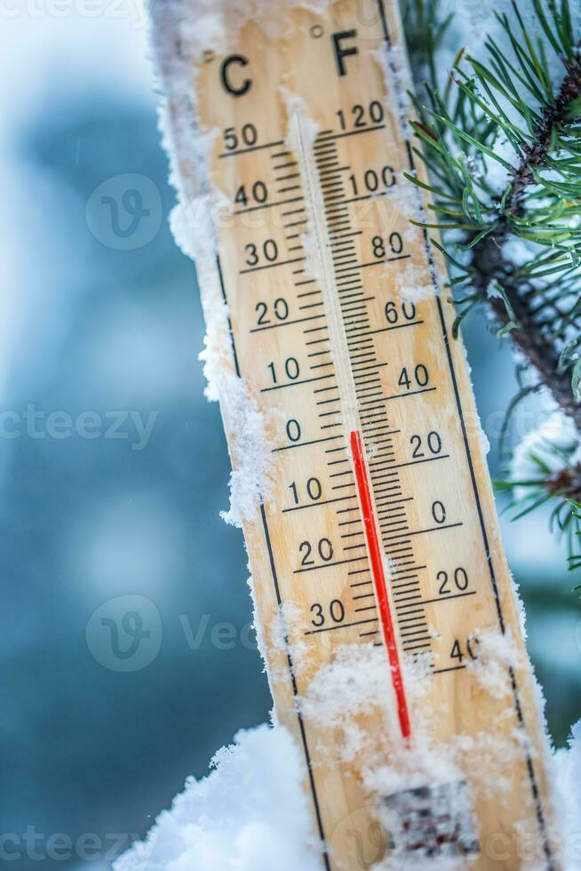 Thermometer on snow shows low temperatures in celsius or farenheit photo