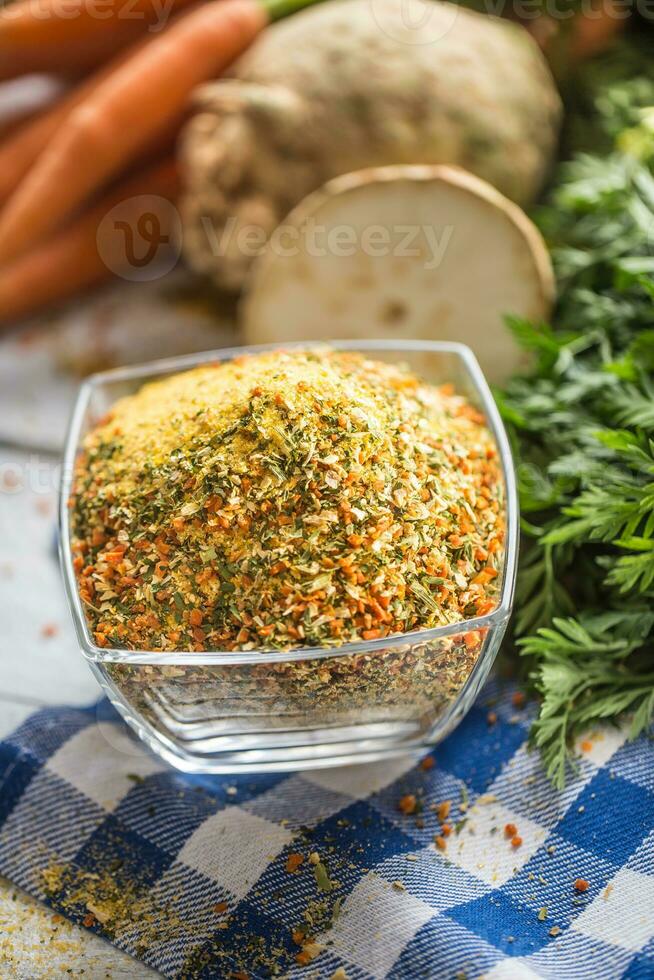 Seasoning spices condiment vegeta from dehydrated carrot parsley celery parsnips and salt with or without glutamate photo