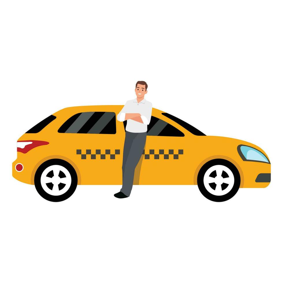 Taxi conductor con coche aislado dibujos animados personaje. contento taxi conductor en pie cerca auto, demostración pulgares arriba plano ilustración. transporte reserva. vector