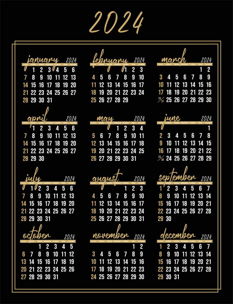 Calendar 2024 - All months -  National Holidays. Calendar commemorative dates and holidays vector