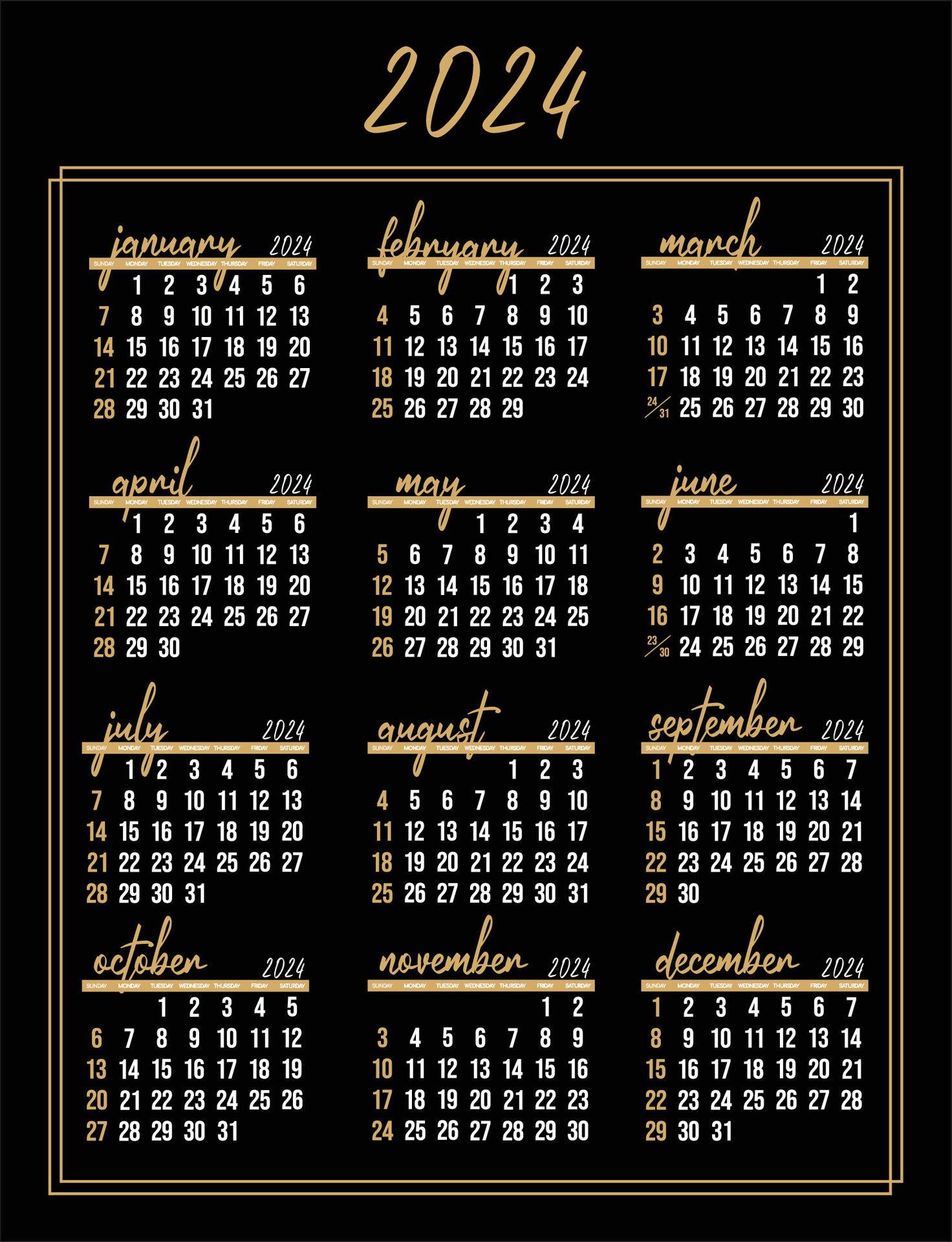 Calendar 2024 - All months - National Holidays. Calendar commemorative  dates and holidays 27546687 Vector Art at Vecteezy