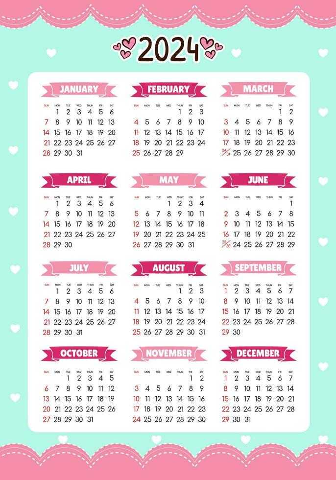 Calendar 2024 - All months -  National Holidays. Calendar commemorative dates and holidays vector