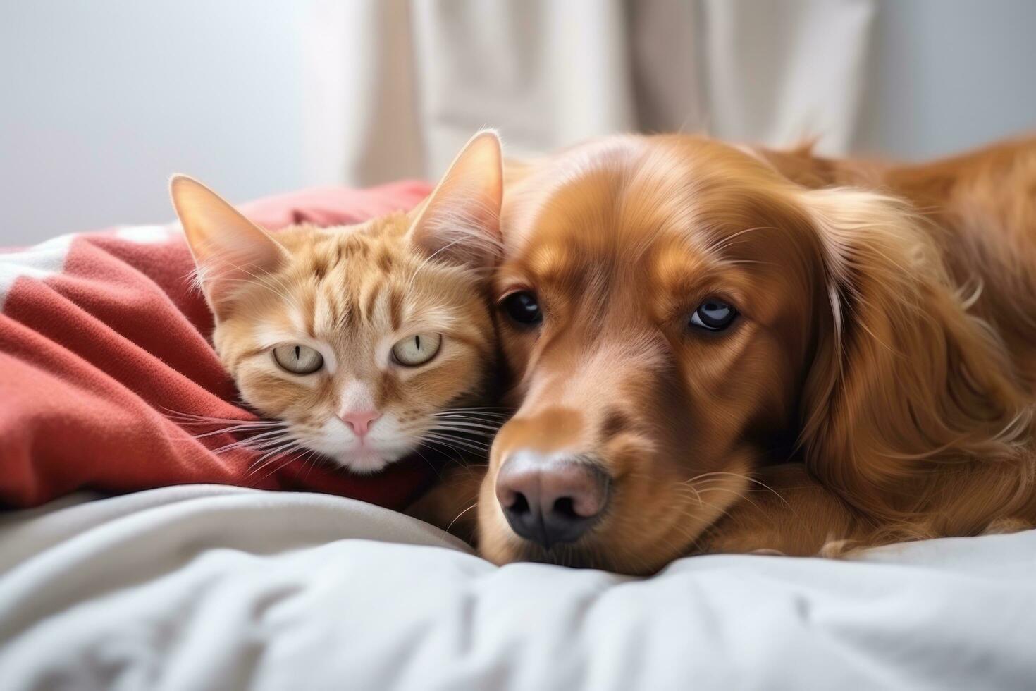 el perro mentiras en el cama en un abrazo con un rojo gato foto