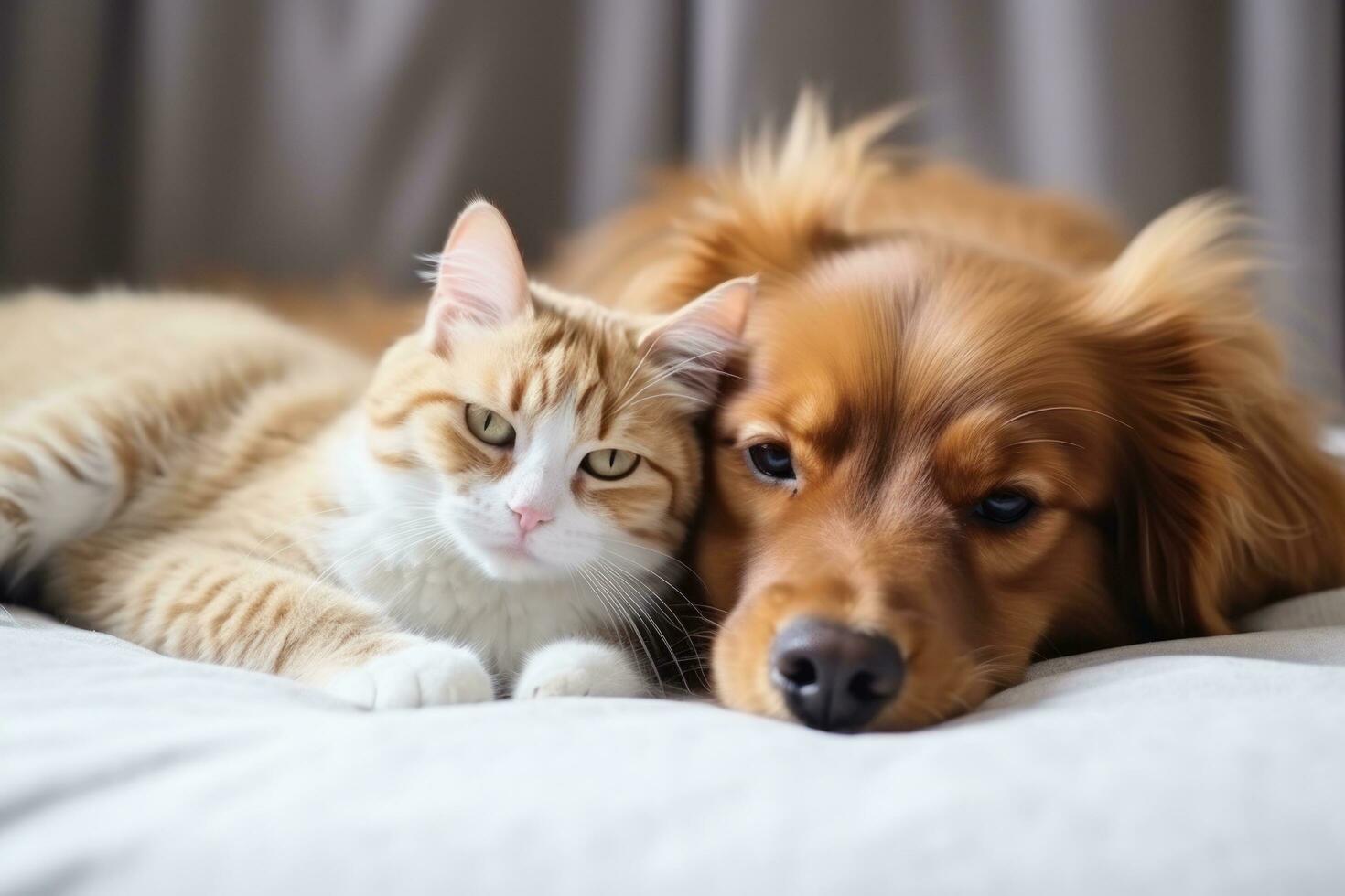the dog lies on the bed in an embrace with a red cat photo