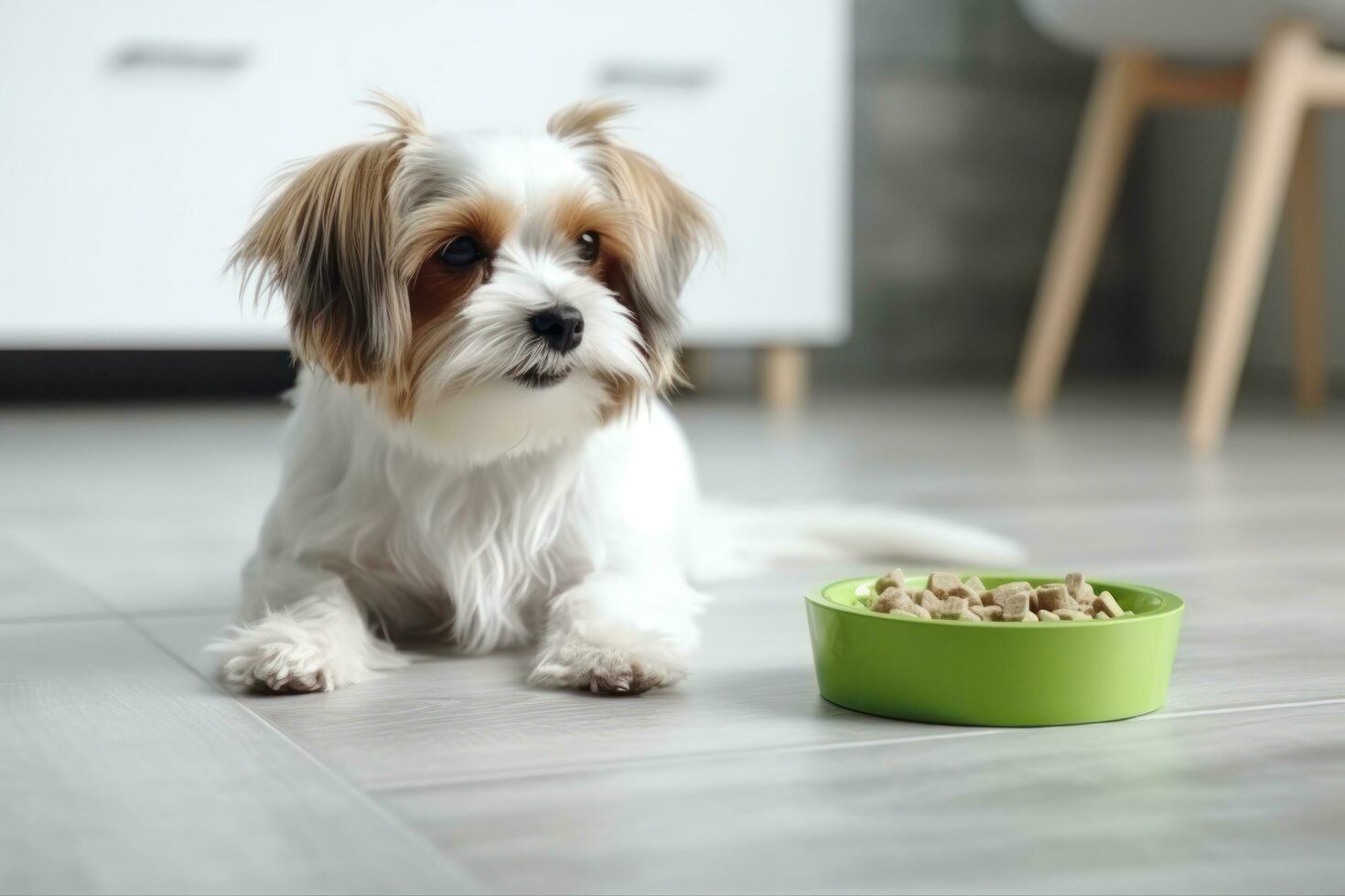 dog in a white sweater eats food from a green bowl on a gray floor photo