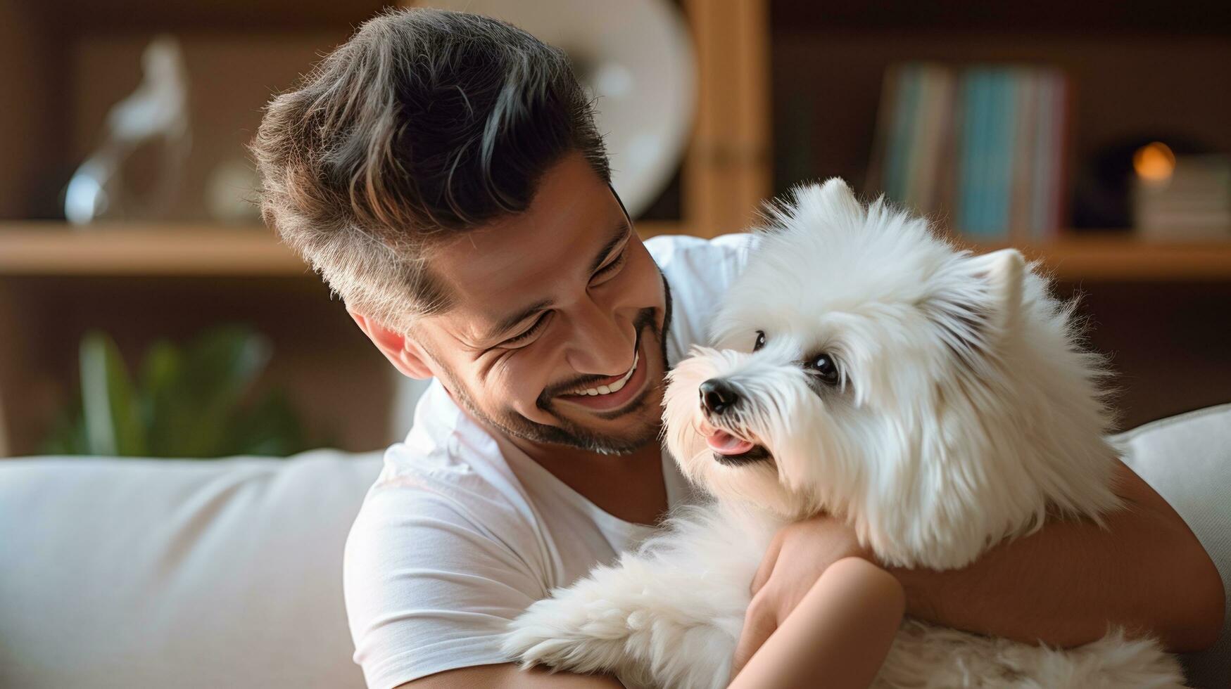 dad with a girl of 10 years old plays with white fluffy photo