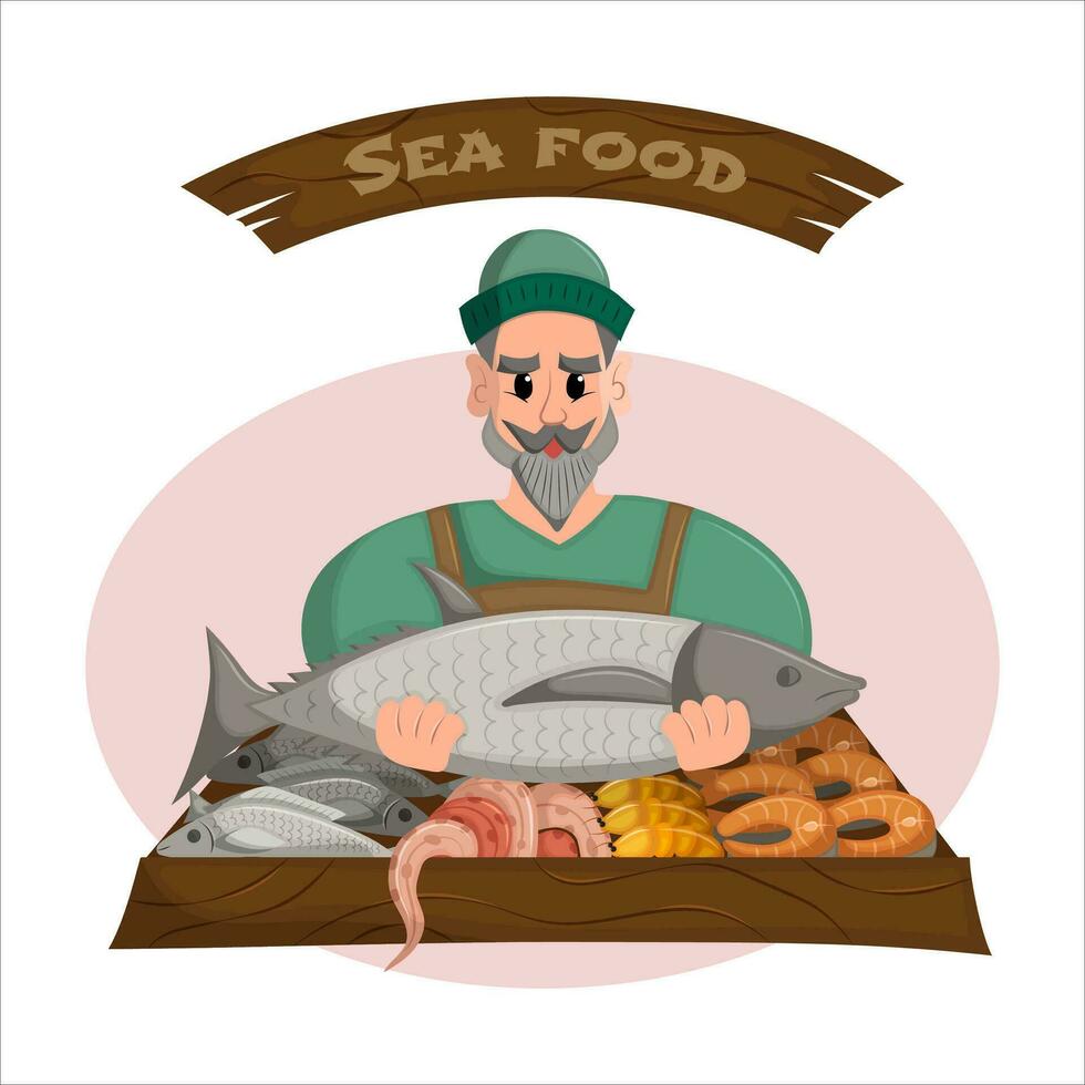 Fishmonger selling his catch at the local small market. Concept of street vending of natural products. Good nutrition. Flat vector illustration.