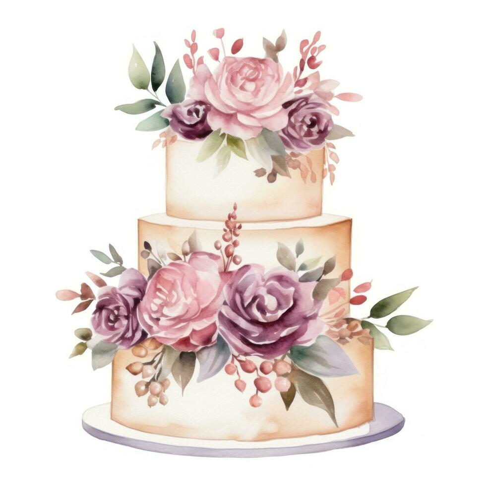 Watercolor wedding cake with flowers isolated. photo