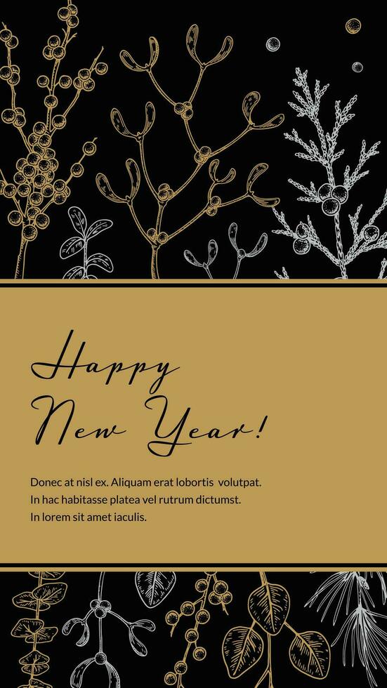 Merry Christmas and Happy New Year vertical greeting card with hand drawn golden botany elements. Vector illustration in sketch style. Festive background. Social media stories template