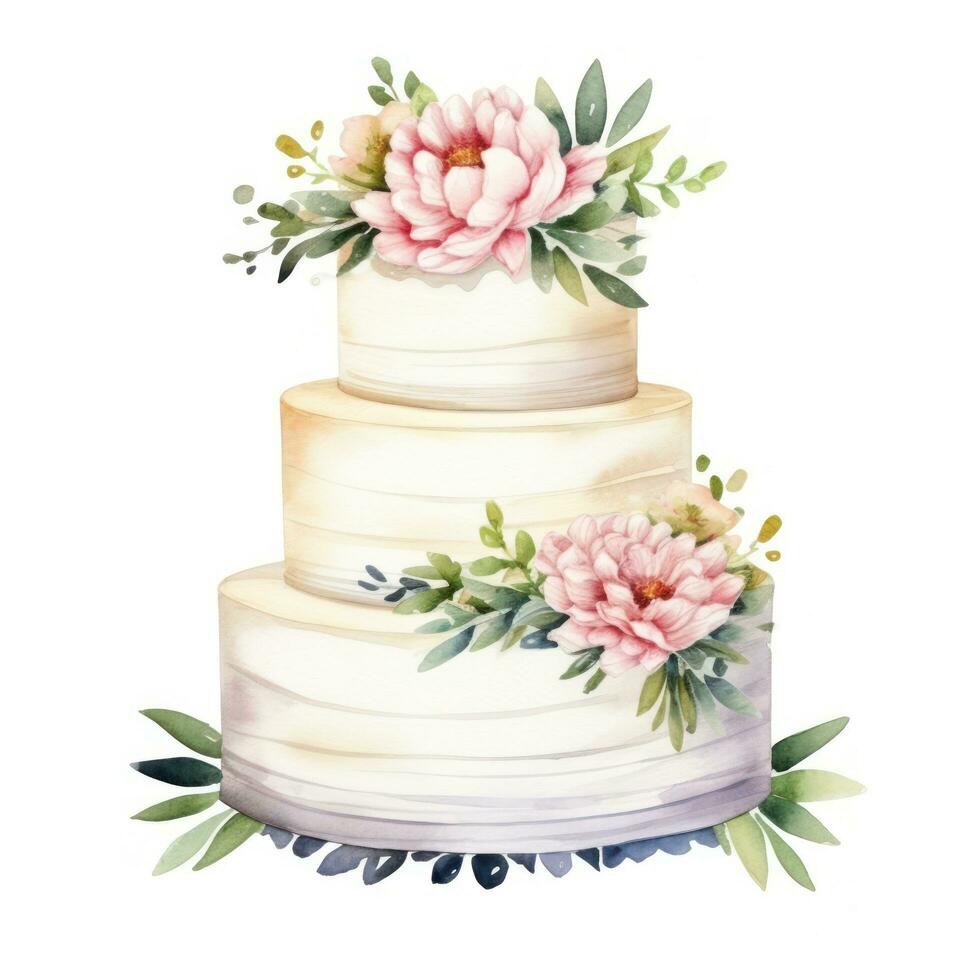 Watercolor wedding cake with flowers isolated. photo