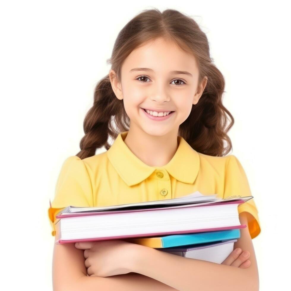 schoolgirl with vivid books isolated. photo