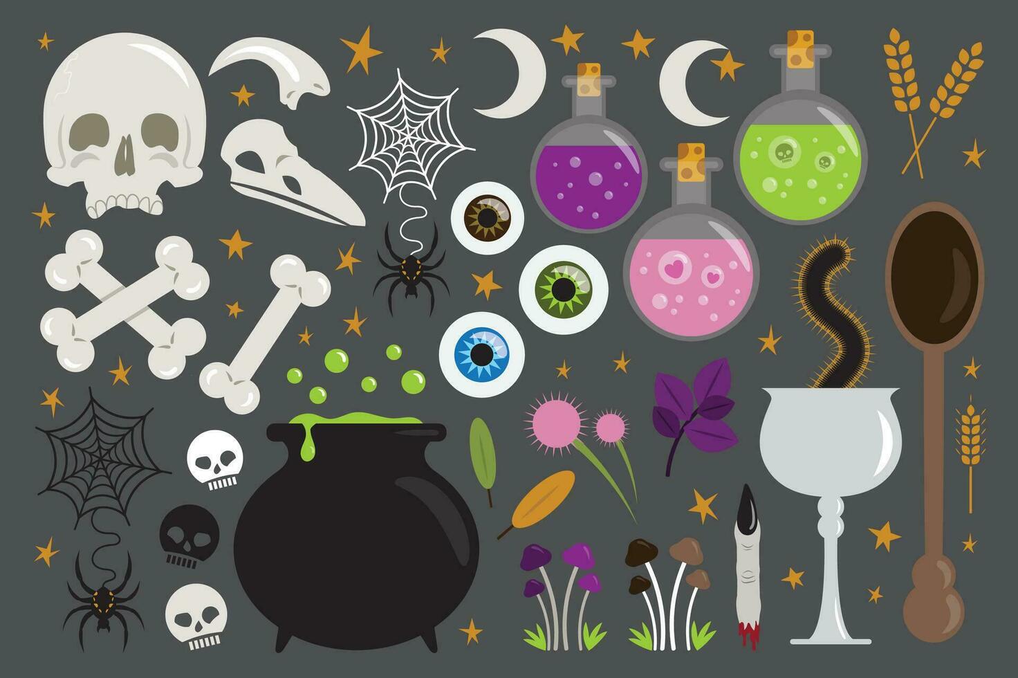AdoHalloween design elements. Witch cauldron, potion, poison, spiders, bones, bats, cobwebs. Vector illustration. Witchcraft elements.