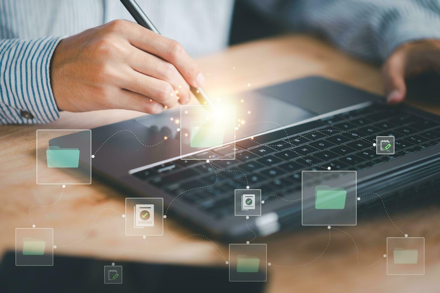 Auditor worker working with document folder ,Management of important document storage of organization ,ERP document system ,quality assessment management With a checklist ,online document database photo