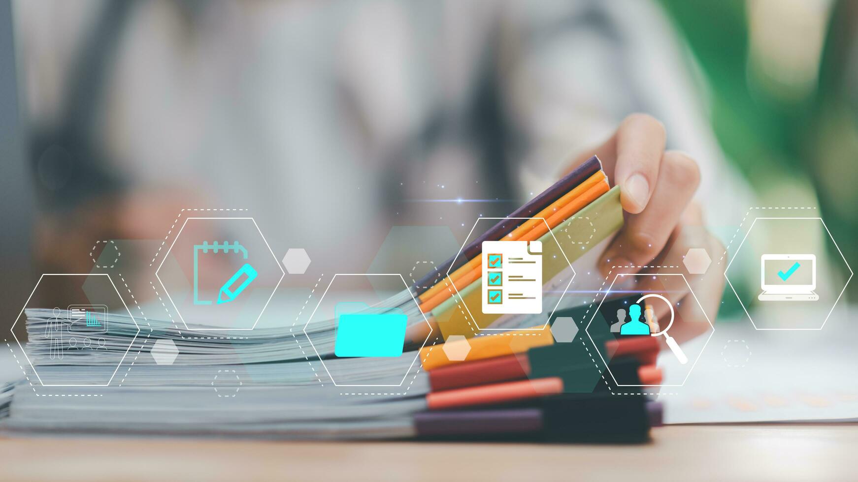 Accountant showing office document auditing concept ,plan review process and assess correctness ,Management of important document storage of organization ,document system ,accountant Audit documents photo