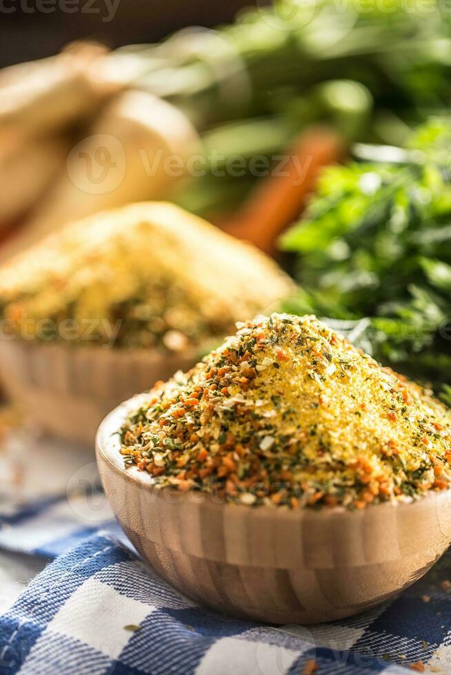 Seasoning spices condiment vegeta from dehydrated carrot parsley celery parsnips and salt with or without glutamate photo