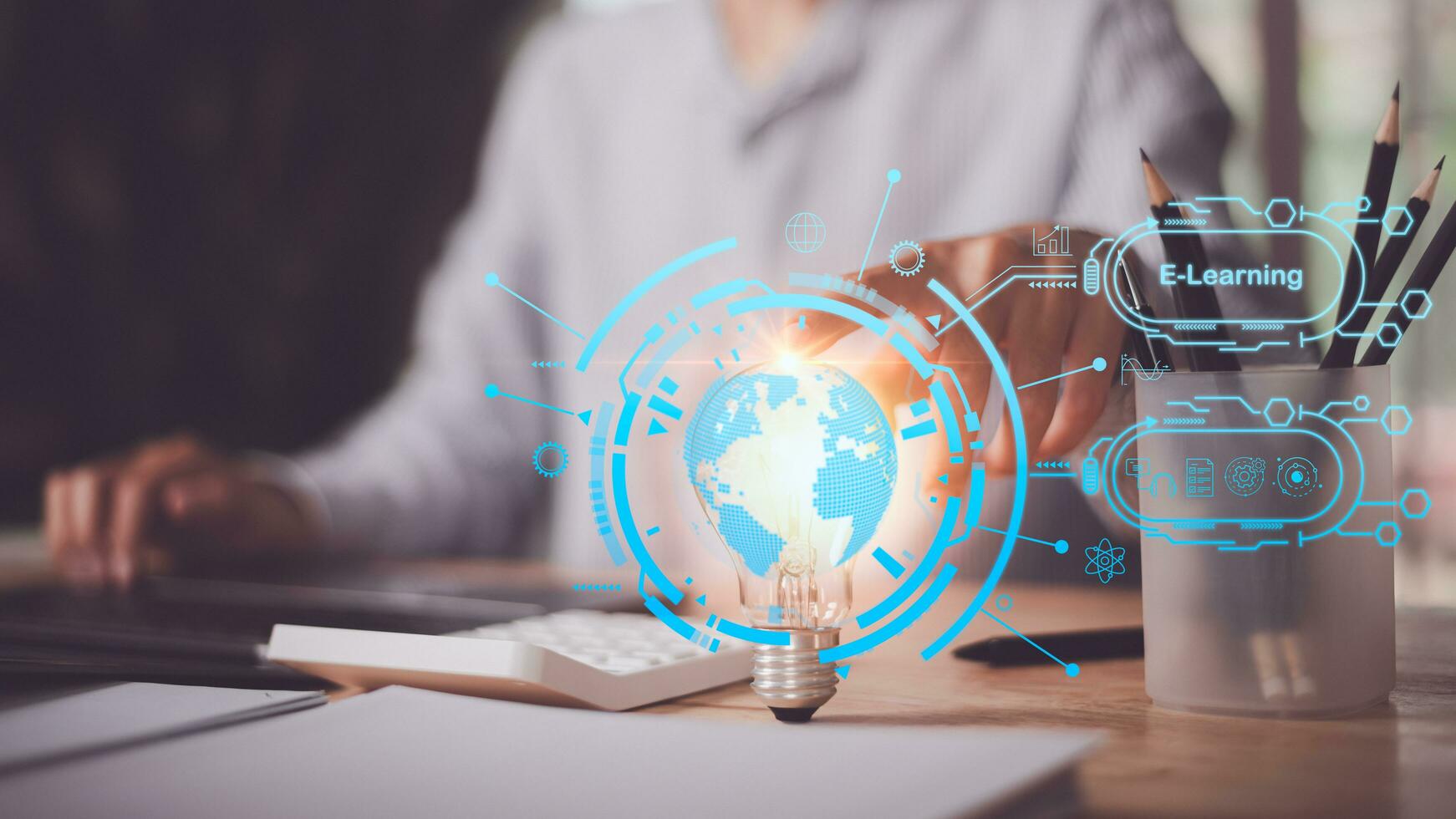 concept of education adds new skills ,business education ,professional courses ,Young businessman taking notes and information from learning new things in professional seminar ,e-learning photo
