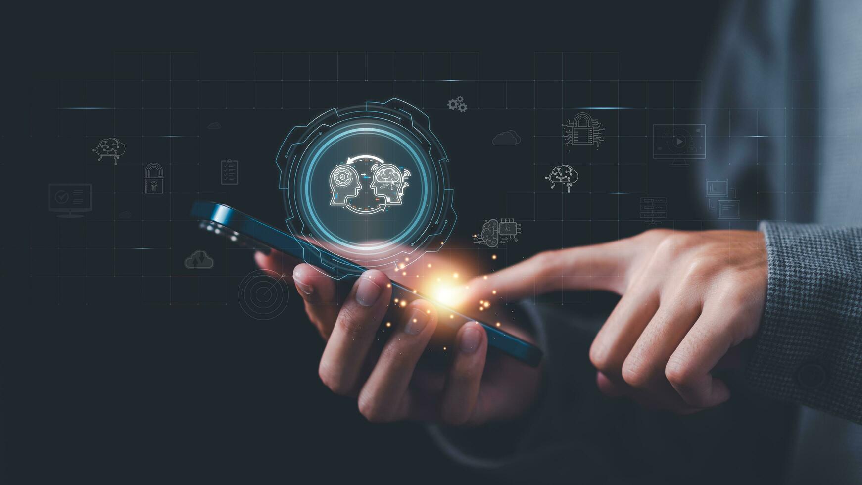 Businessman showing concept connection innovation development and artifacts too artificial intelligence ,AI , ideas and innovation ,Machine learning ,Processing from large databases photo