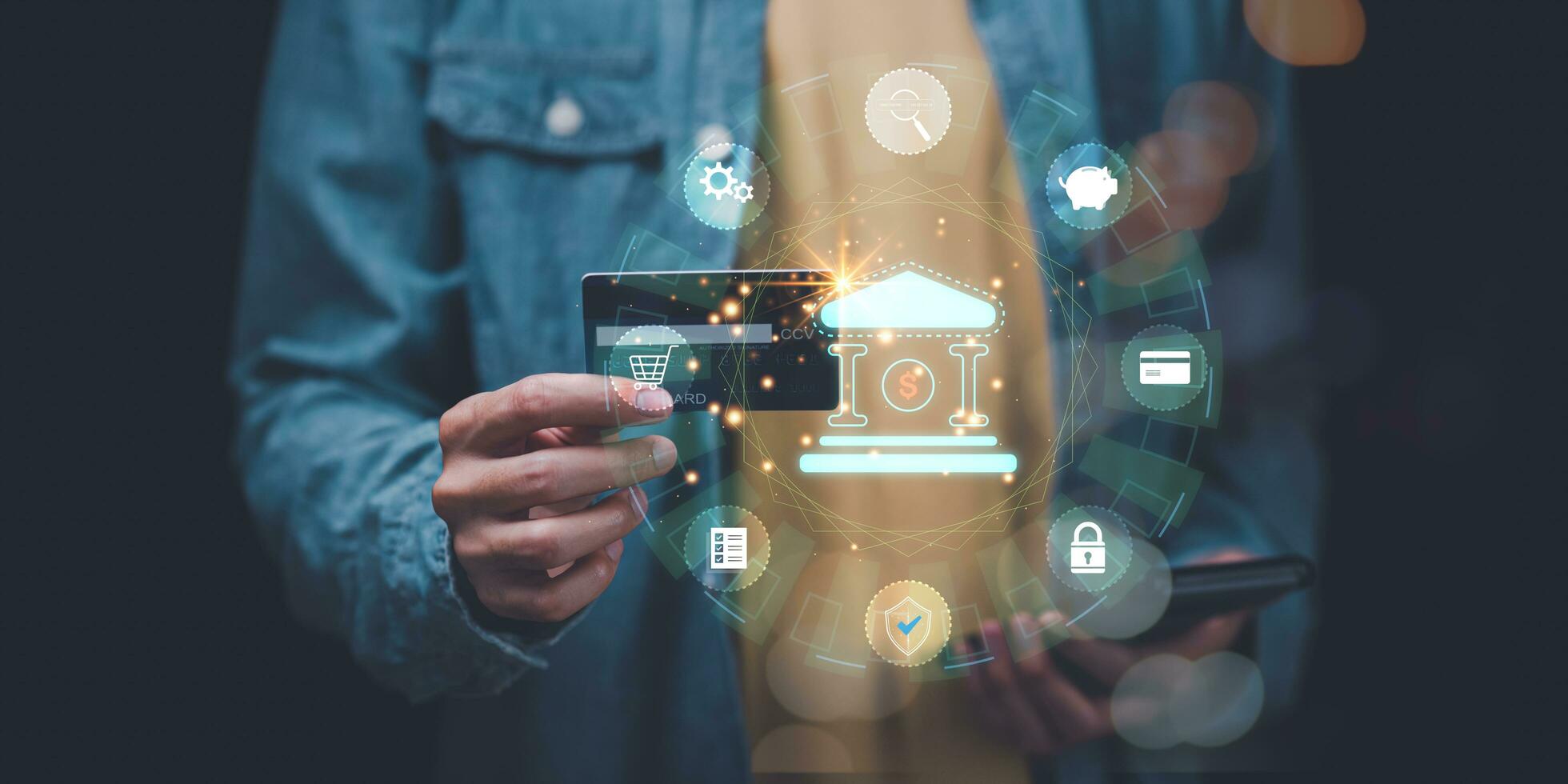 Online payment concept with credit card ,online banking service ,internet payment ,Money transfer and service fee payment ,financial transactions with application ,e-commerce ,Online shopping photo