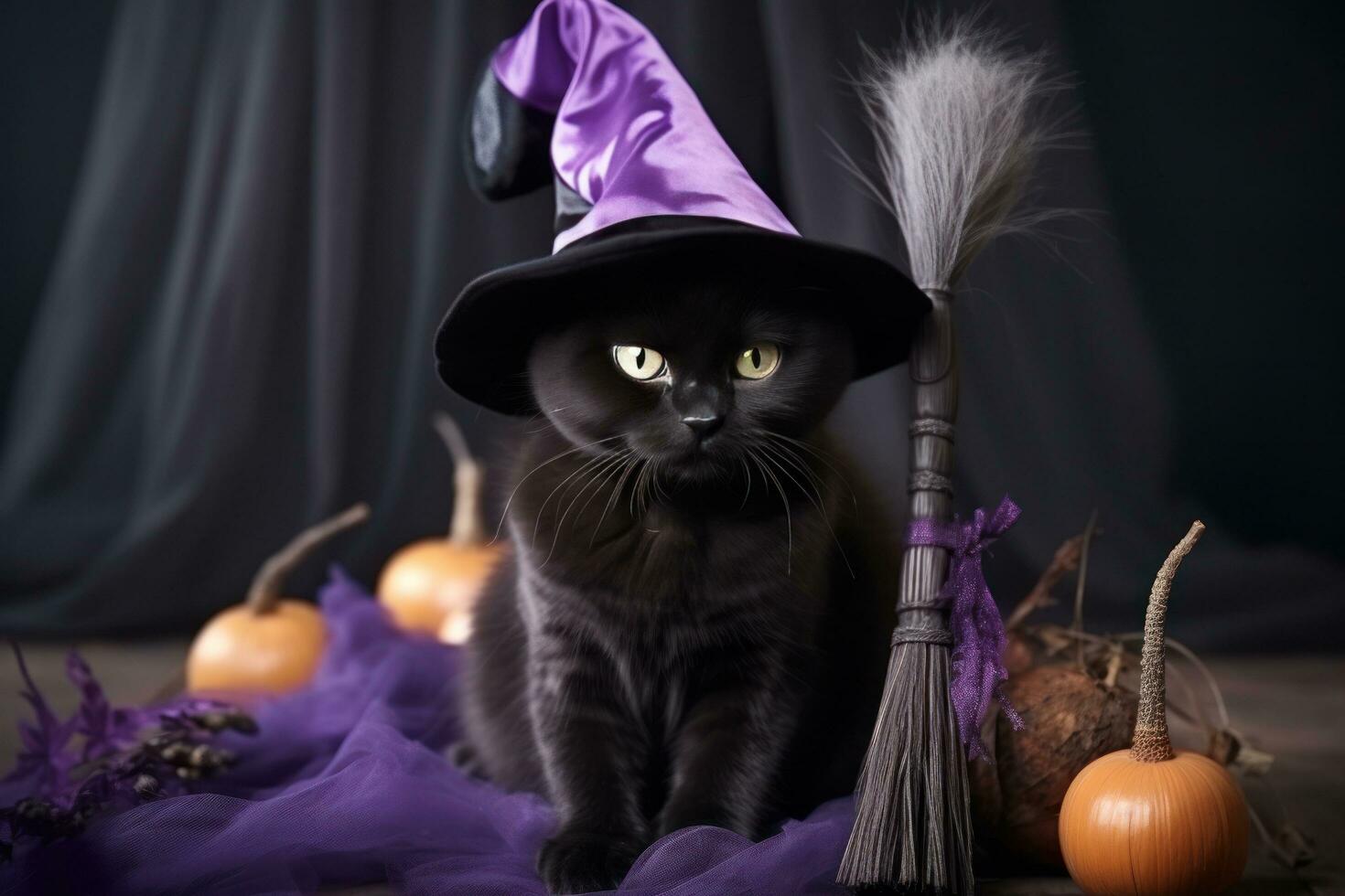 Black cat in a purple hat sits on a broomstick - photo