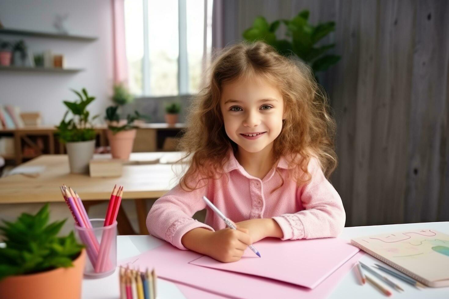 A girl in a pink T-shirt sits at a white table and draws photo