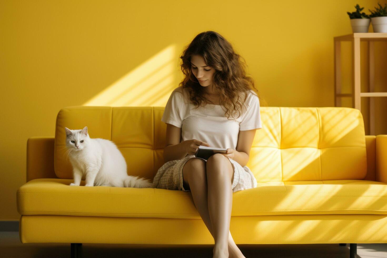 Girl sitting on a yellow sofa and stroking a white cat photo