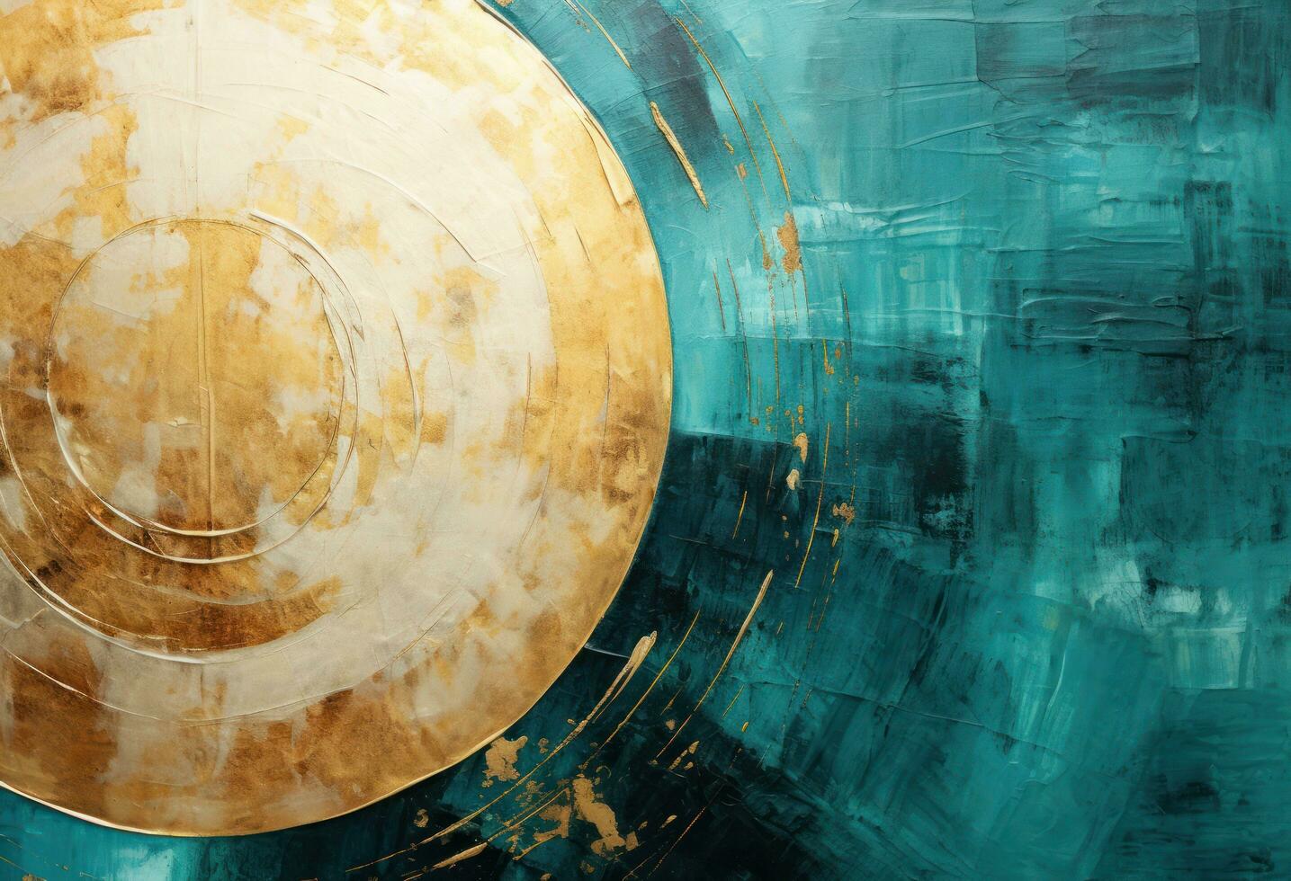 Abstract painting in black and turquoise with gold shapes, in the style of textured backgrounds photo