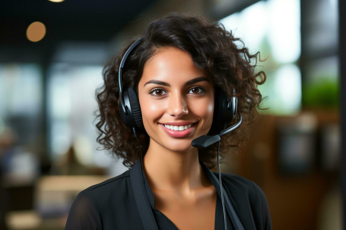 An office woman smiling with a headset on her computer, photo