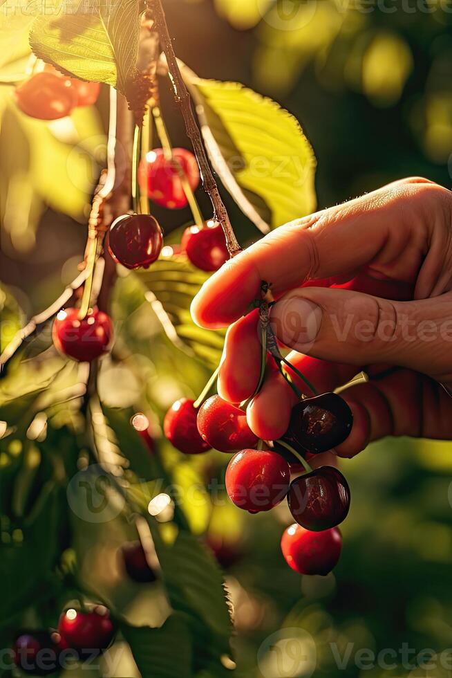 Picking riped cherries - AI Generative photo