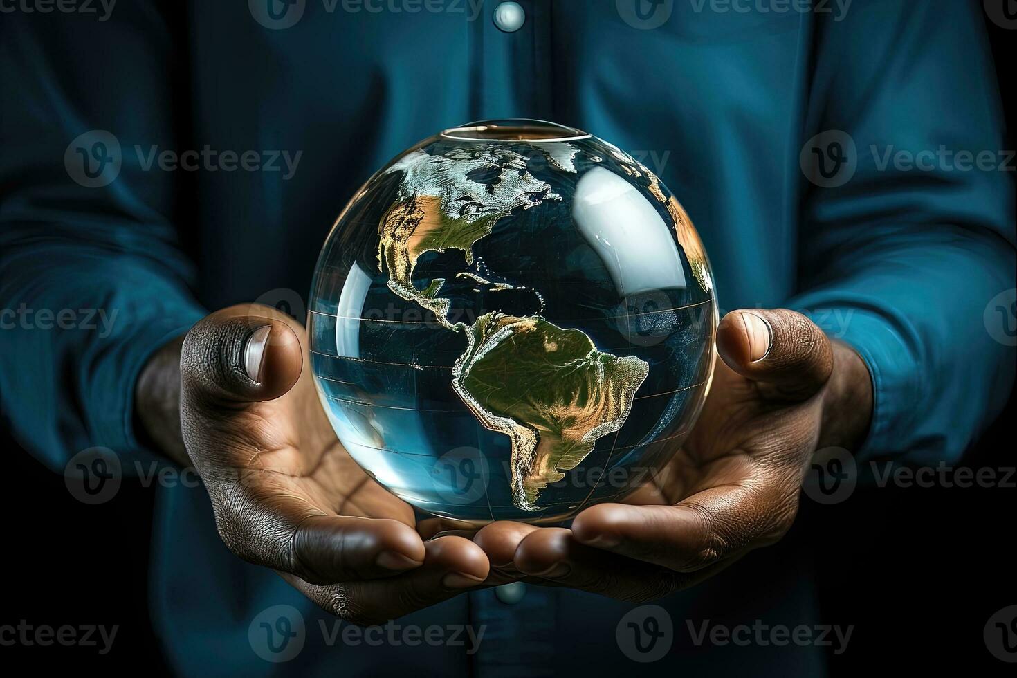 Man with globe in hands - AI Generative photo