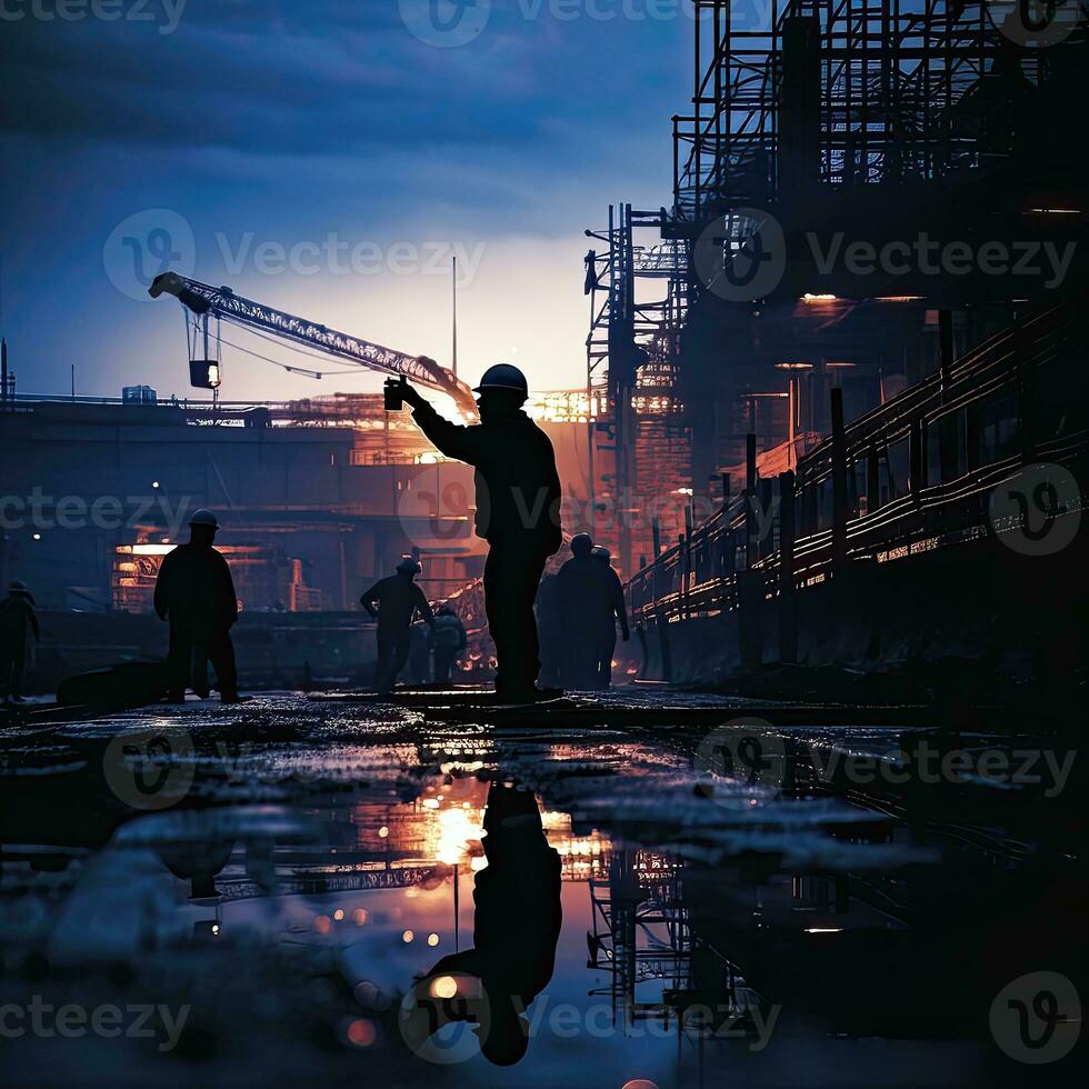 Workers silhouettes in the construction site - AI Generative photo