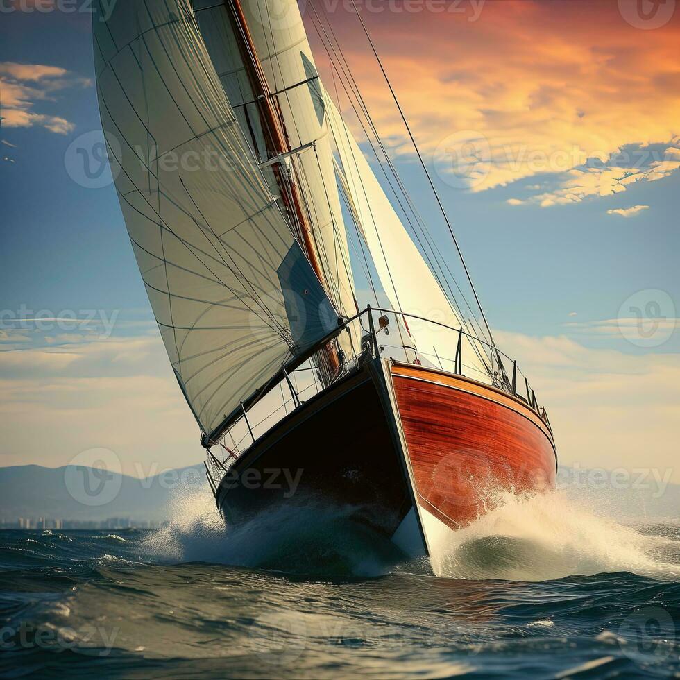 Sailing yacht in the sea at sunset photo