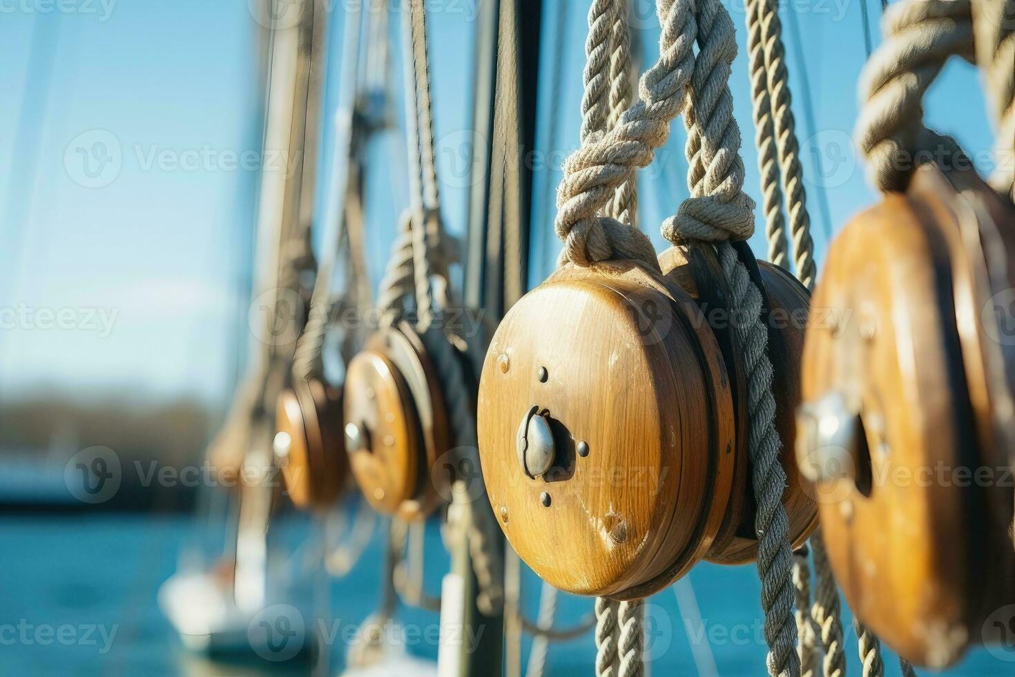 de madera poleas en un navegación yate foto