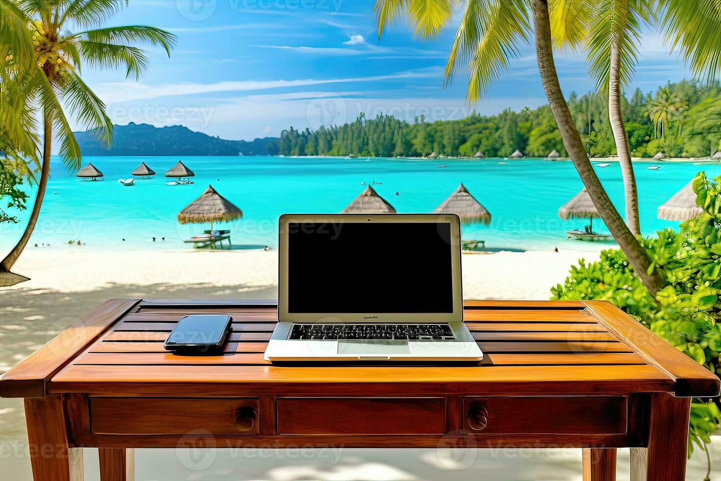 Best office ever. Desk with computer on a tropical beach AI