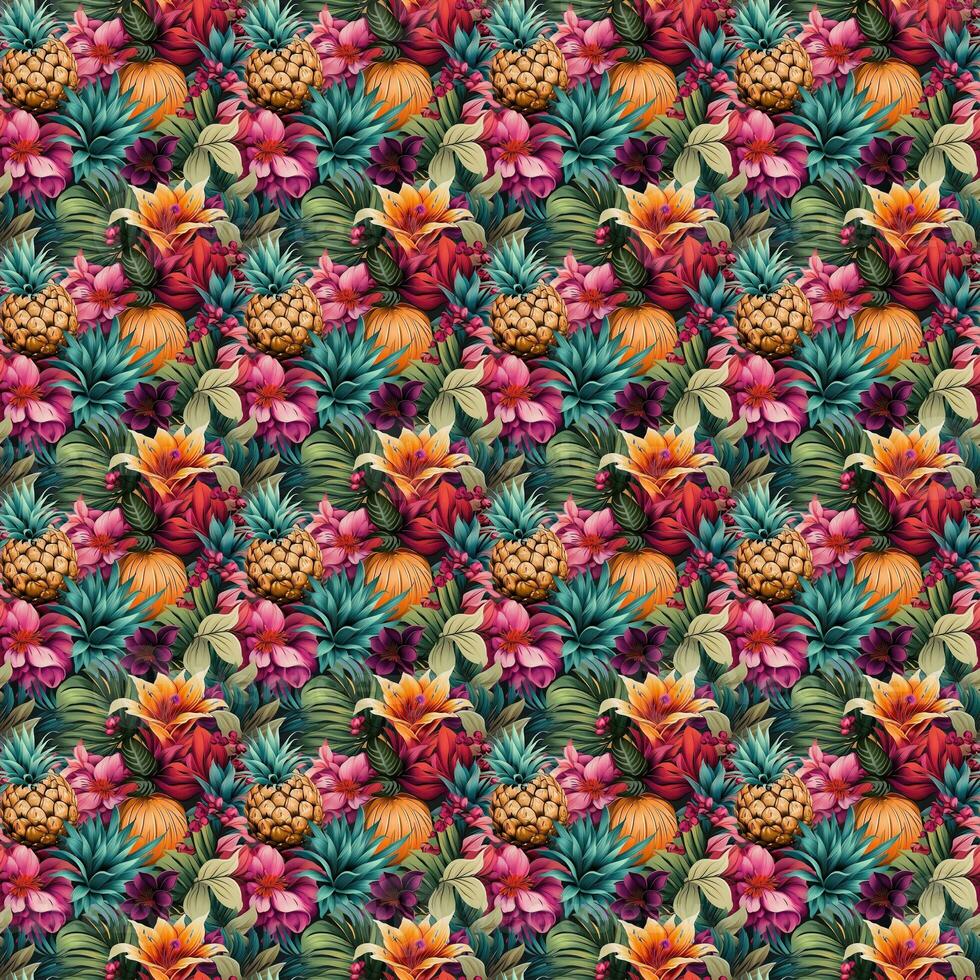 Pattern with flowers and pineapples. Tile - AI Generative photo