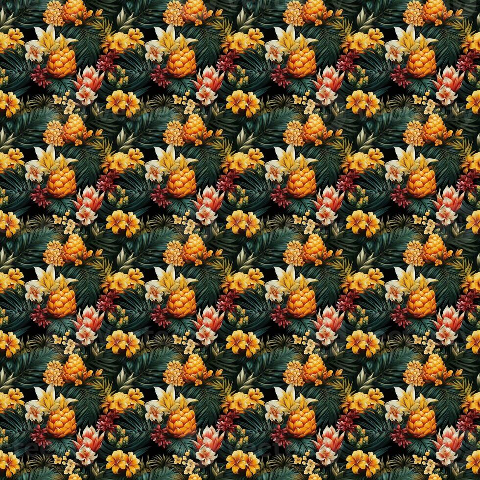 Seamless pattern with tropical flowers and pineapples - AI Generative photo