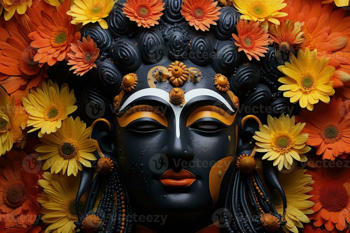 Close-up of Buddha statue with flowers - AI Generative photo